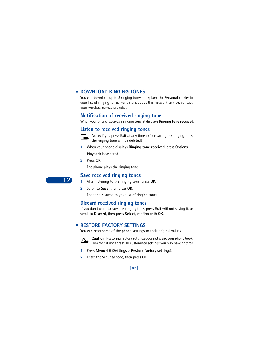 Download ringing tones, Restore factory settings, Download ringing tones restore factory settings | Nokia 8390 User Manual | Page 93 / 173