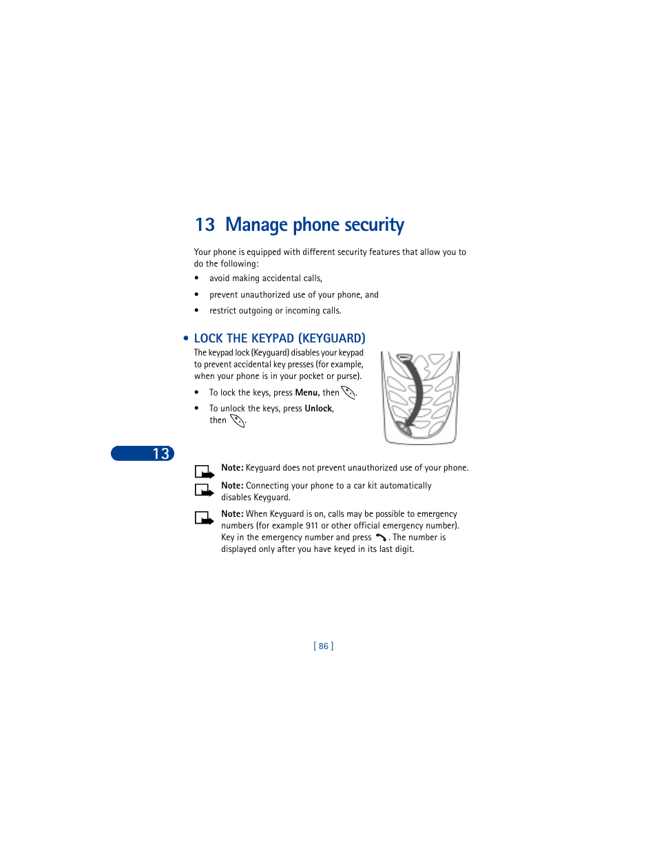 13 manage phone security, Lock the keypad (keyguard) | Nokia 8390 User Manual | Page 97 / 173