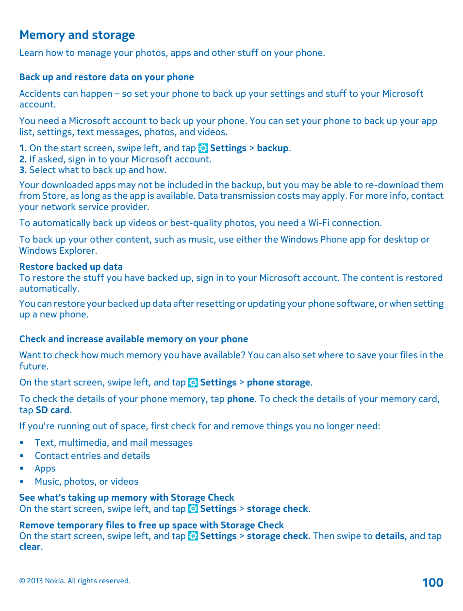 Memory and storage, Back up and restore data on your phone, Check and increase available memory on your phone | Nokia Lumia 521 User Manual | Page 100 / 112