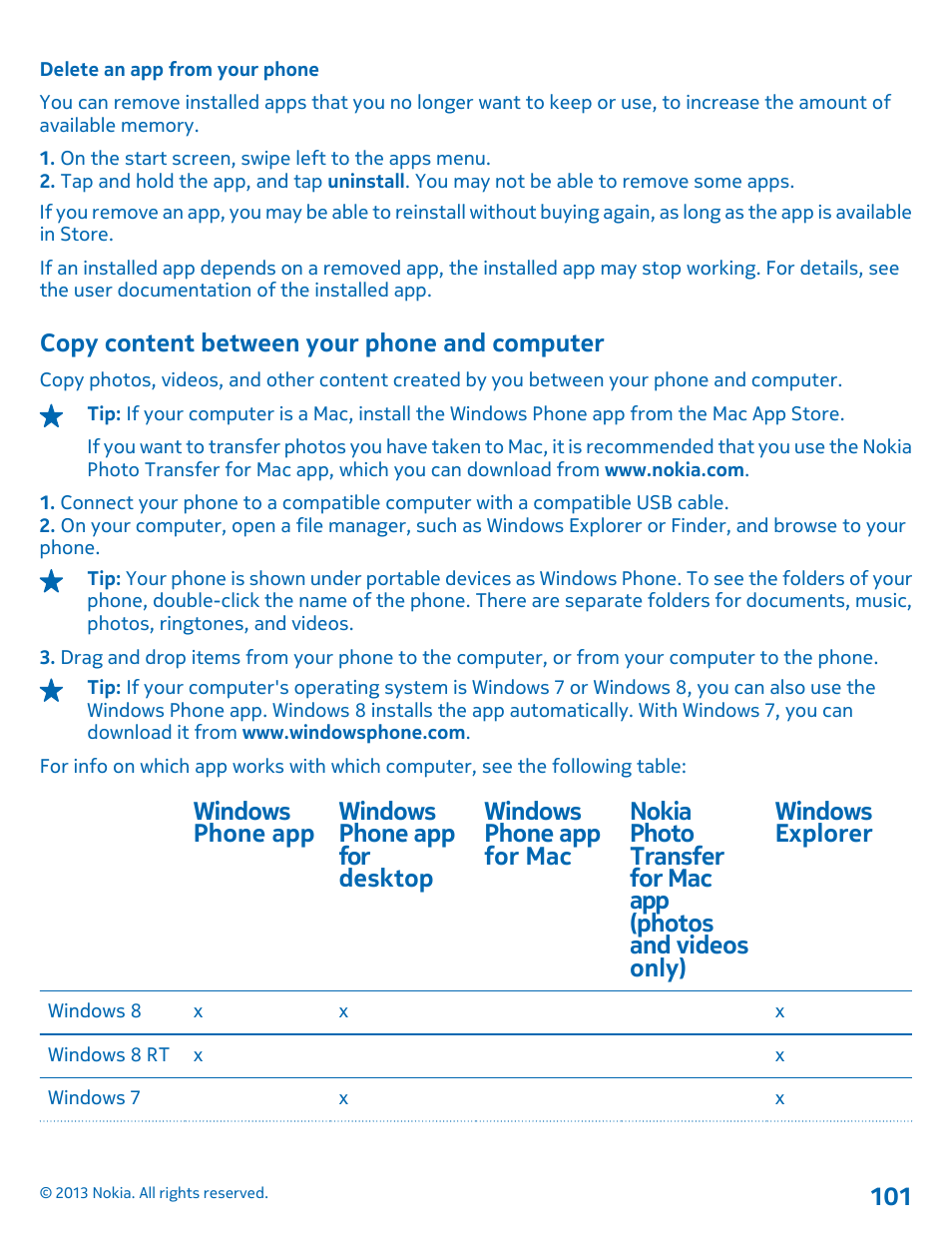 Delete an app from your phone, Copy content between your phone and computer, Copy content between your phone and | Computer | Nokia Lumia 521 User Manual | Page 101 / 112