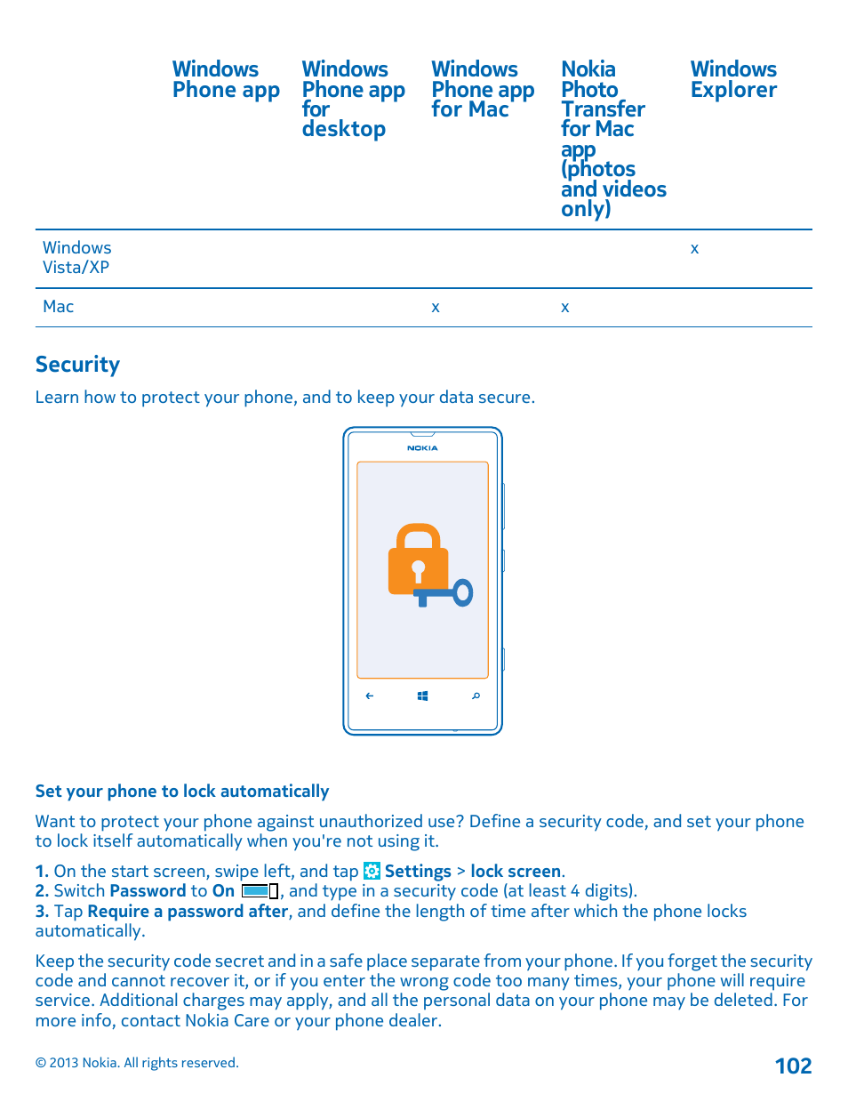 Security, Set your phone to lock automatically | Nokia Lumia 521 User Manual | Page 102 / 112