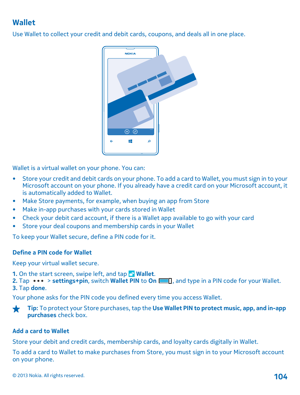 Wallet, Define a pin code for wallet, Add a card to wallet | Nokia Lumia 521 User Manual | Page 104 / 112