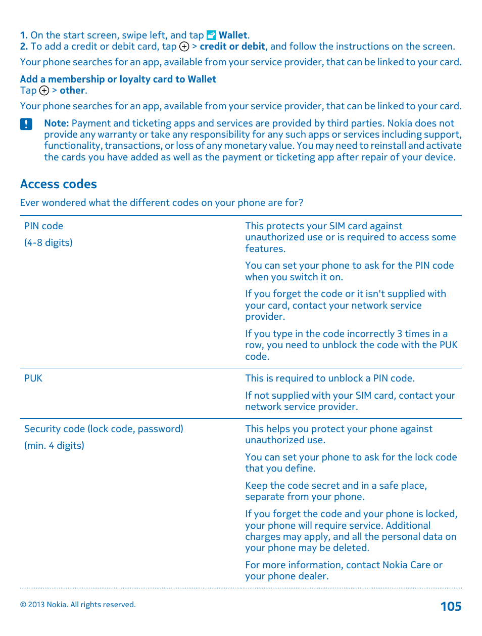 Access codes | Nokia Lumia 521 User Manual | Page 105 / 112