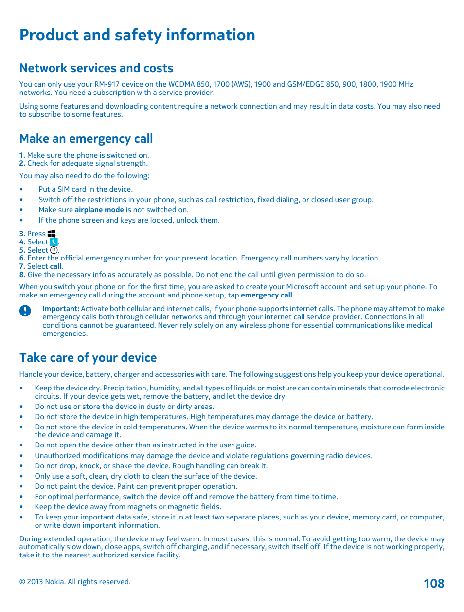 Product and safety information, Network services and costs, Make an emergency call | Take care of your device | Nokia Lumia 521 User Manual | Page 108 / 112