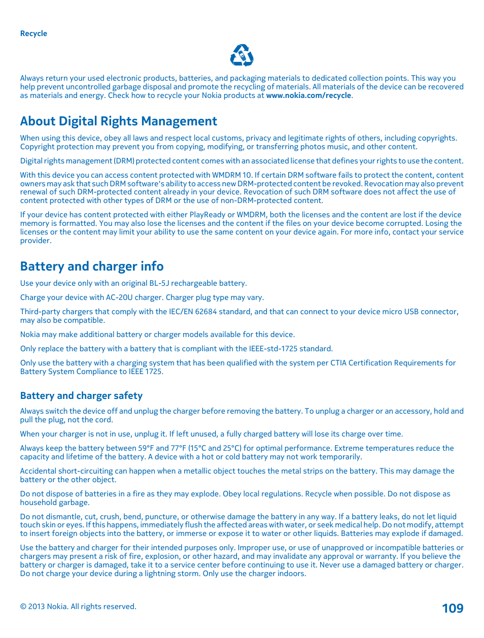About digital rights management, Battery and charger info, Battery and charger safety | Nokia Lumia 521 User Manual | Page 109 / 112
