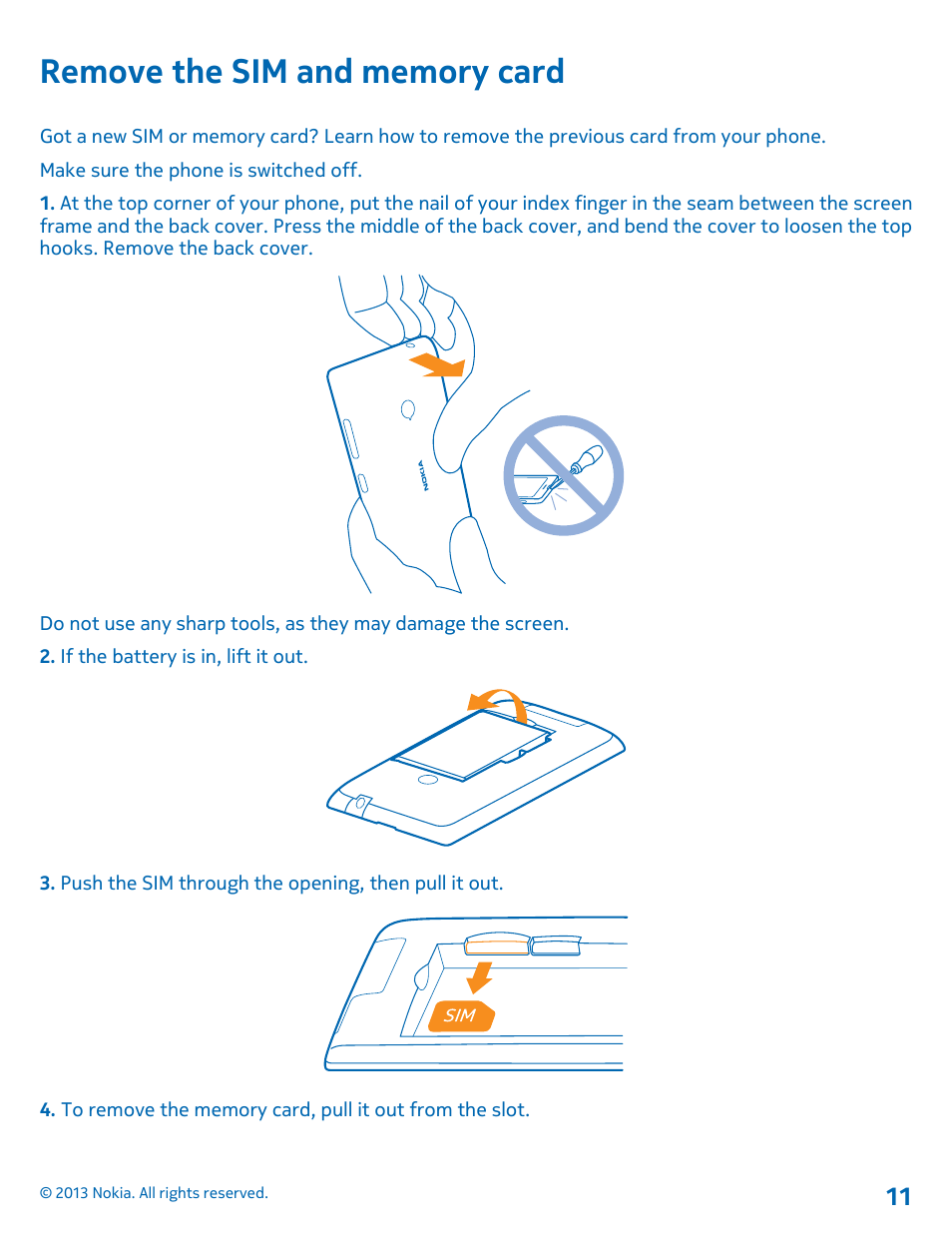 Remove the sim and memory card | Nokia Lumia 521 User Manual | Page 11 / 112
