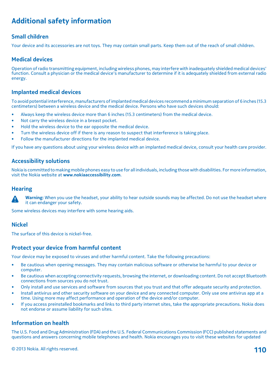 Additional safety information, Small children, Medical devices | Implanted medical devices, Accessibility solutions, Hearing, Nickel, Protect your device from harmful content, Information on health | Nokia Lumia 521 User Manual | Page 110 / 112