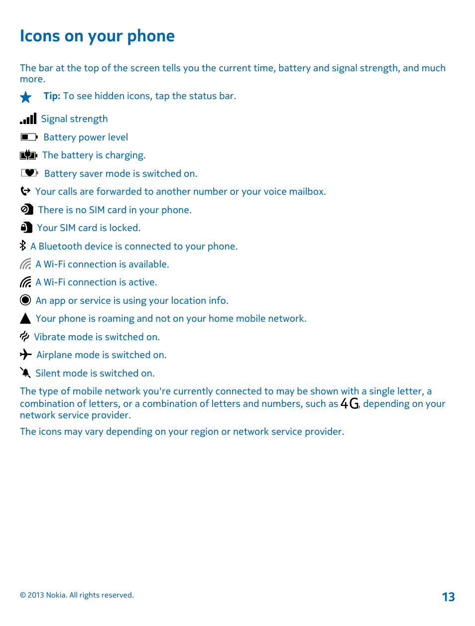 Icons on your phone | Nokia Lumia 521 User Manual | Page 13 / 112
