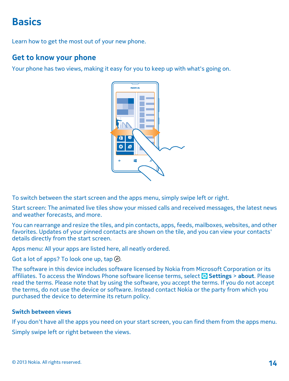 Basics, Get to know your phone, Switch between views | Nokia Lumia 521 User Manual | Page 14 / 112