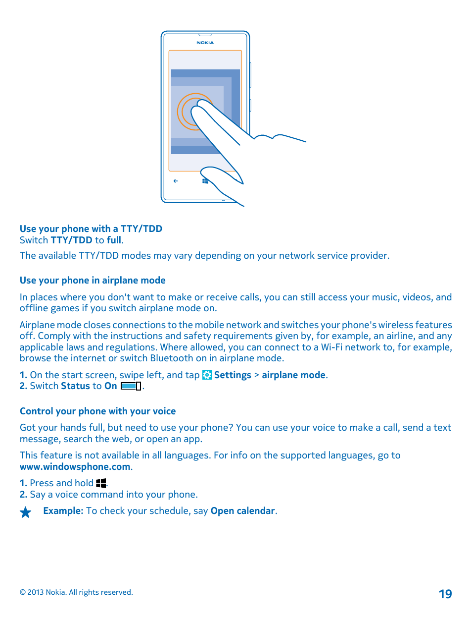 Use your phone in airplane mode, Control your phone with your voice | Nokia Lumia 521 User Manual | Page 19 / 112