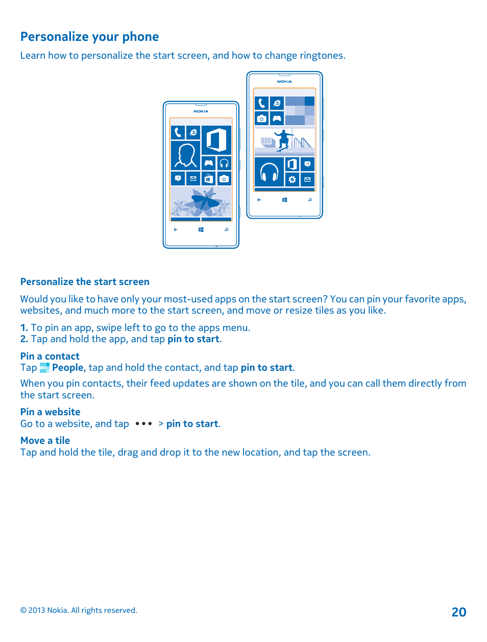 Personalize your phone, Personalize the start screen | Nokia Lumia 521 User Manual | Page 20 / 112