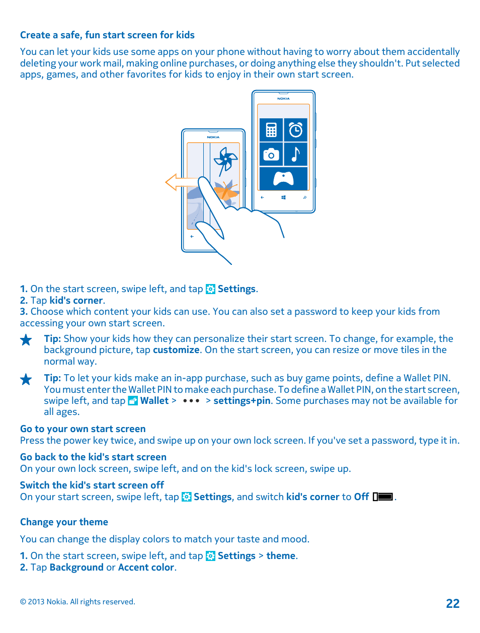 Create a safe, fun start screen for kids, Change your theme | Nokia Lumia 521 User Manual | Page 22 / 112
