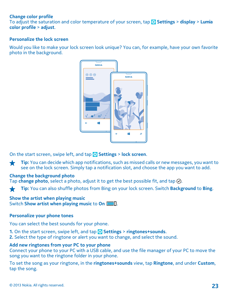 Personalize the lock screen, Personalize your phone tones | Nokia Lumia 521 User Manual | Page 23 / 112