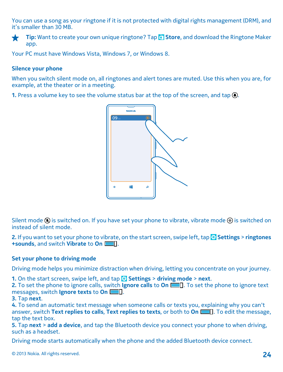 Silence your phone, Set your phone to driving mode | Nokia Lumia 521 User Manual | Page 24 / 112