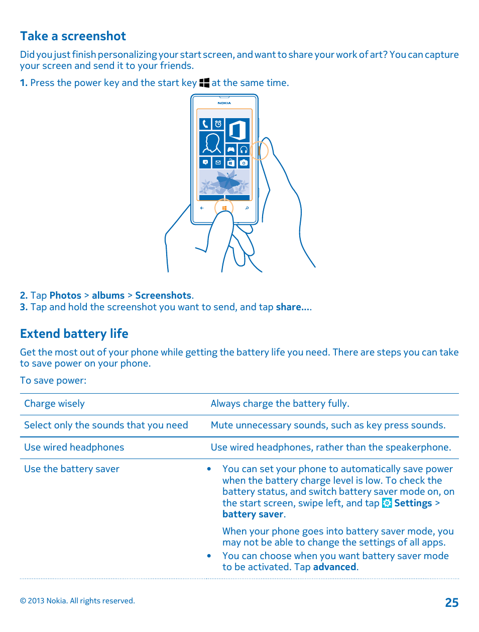 Take a screenshot, Extend battery life | Nokia Lumia 521 User Manual | Page 25 / 112