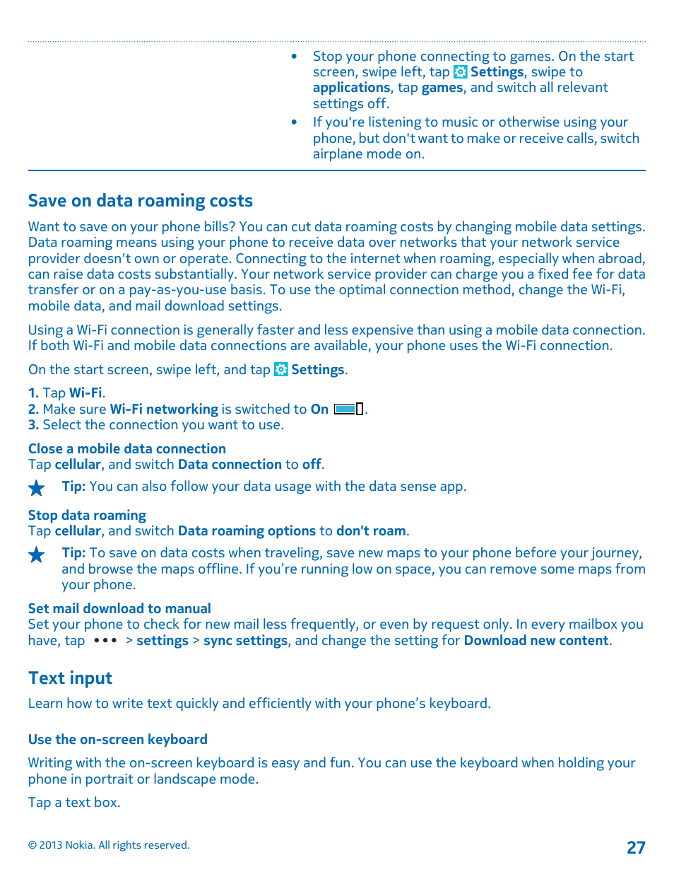 Save on data roaming costs, Text input, Use the on-screen keyboard | Nokia Lumia 521 User Manual | Page 27 / 112