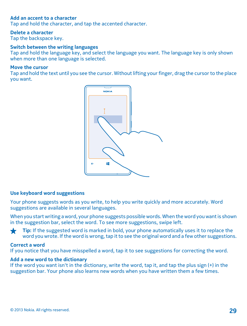 Use keyboard word suggestions | Nokia Lumia 521 User Manual | Page 29 / 112