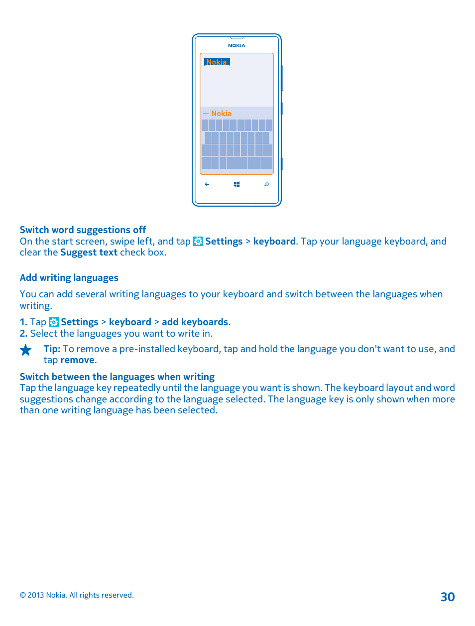 Add writing languages | Nokia Lumia 521 User Manual | Page 30 / 112