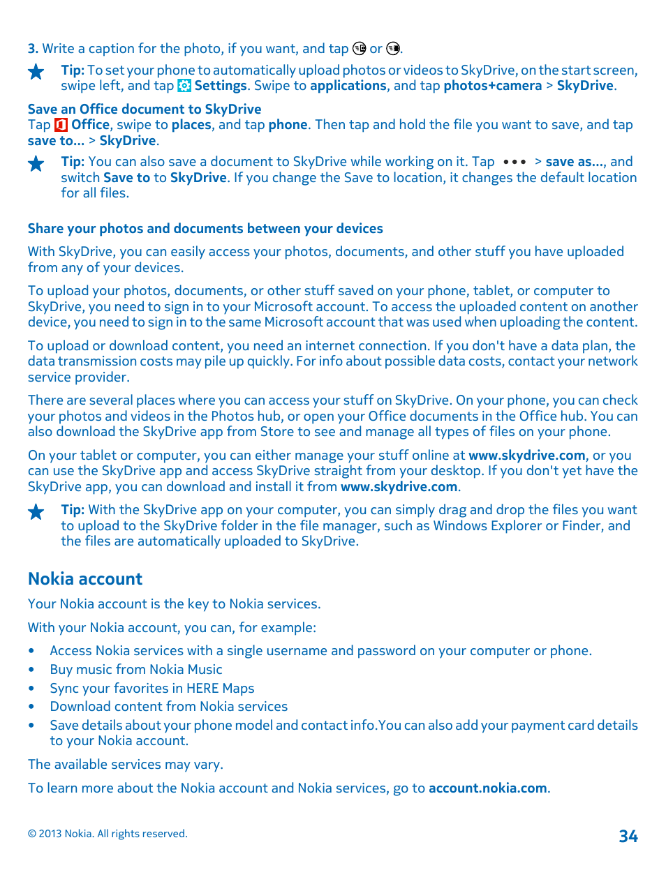 Nokia account | Nokia Lumia 521 User Manual | Page 34 / 112