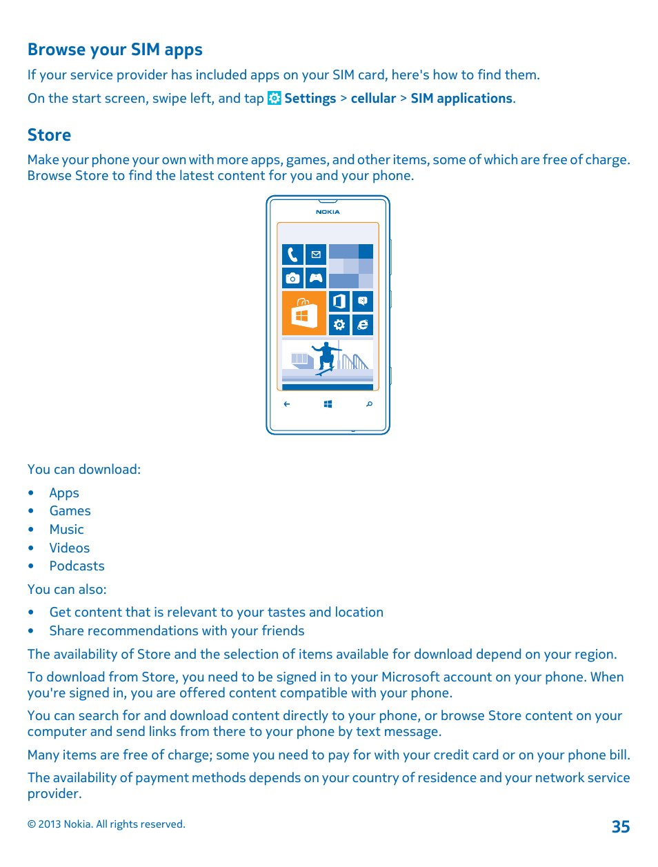 Browse your sim apps, Store | Nokia Lumia 521 User Manual | Page 35 / 112