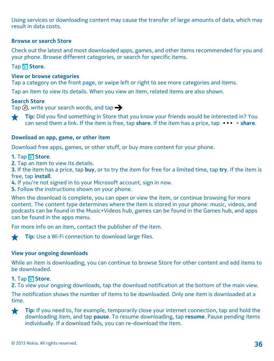Browse or search store, Download an app, game, or other item, View your ongoing downloads | Nokia Lumia 521 User Manual | Page 36 / 112