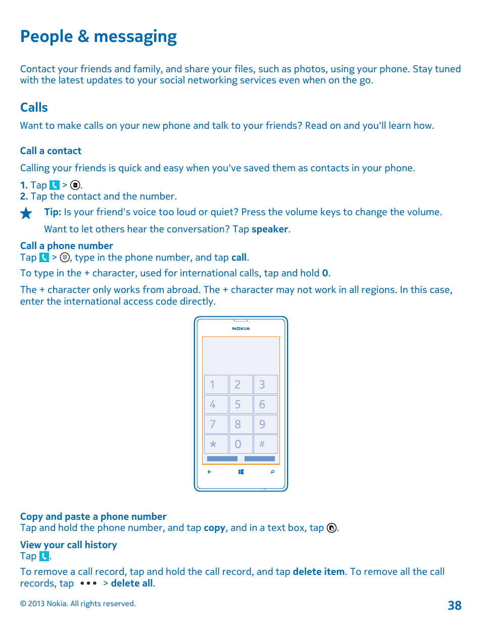 People & messaging, Calls, Call a contact | Nokia Lumia 521 User Manual | Page 38 / 112