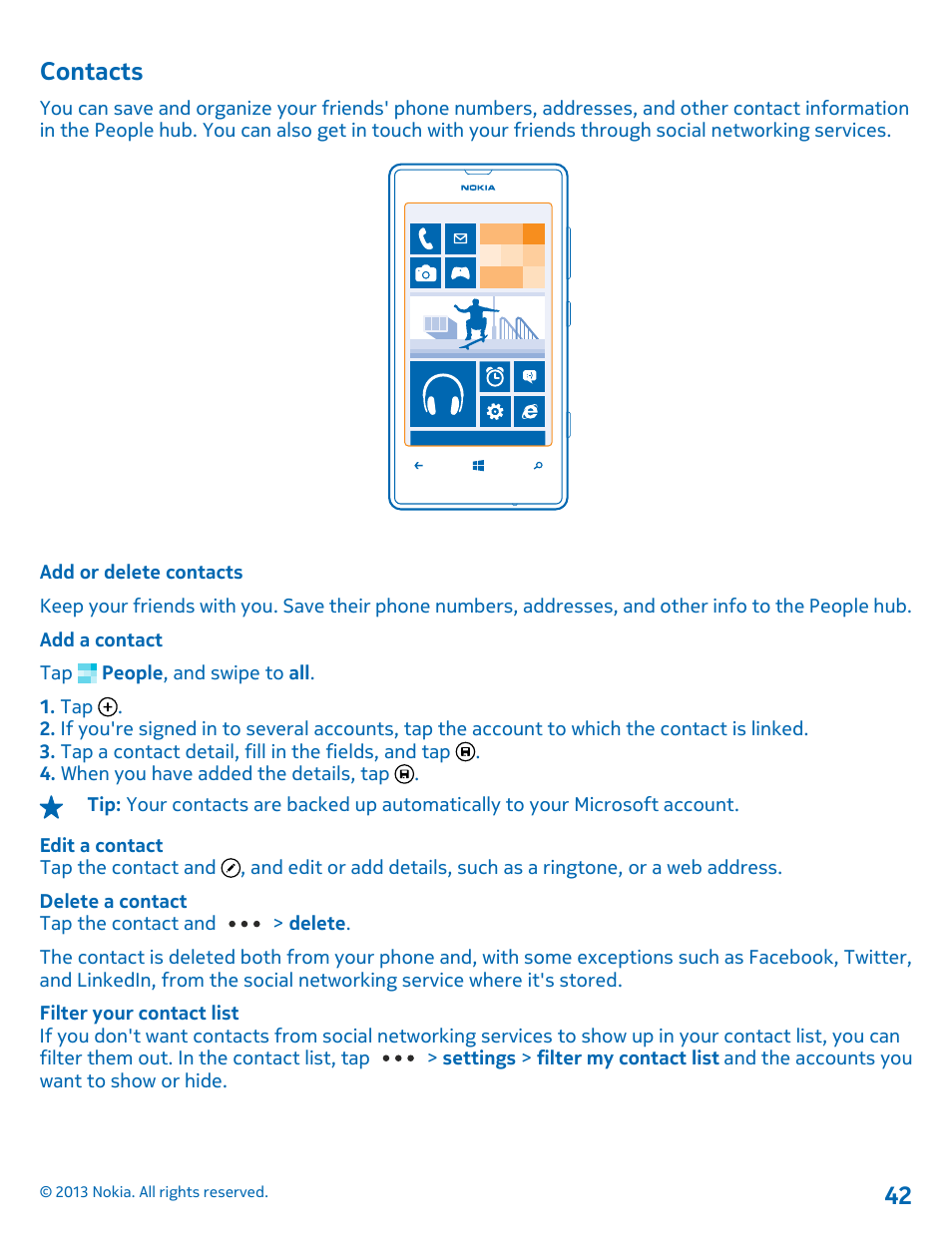 Contacts, Add or delete contacts | Nokia Lumia 521 User Manual | Page 42 / 112