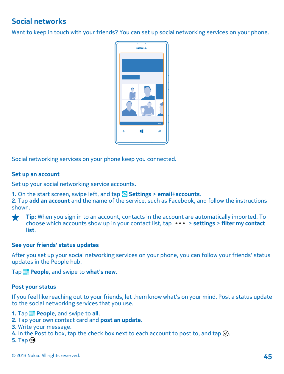 Social networks, Set up an account, See your friends' status updates | Post your status | Nokia Lumia 521 User Manual | Page 45 / 112