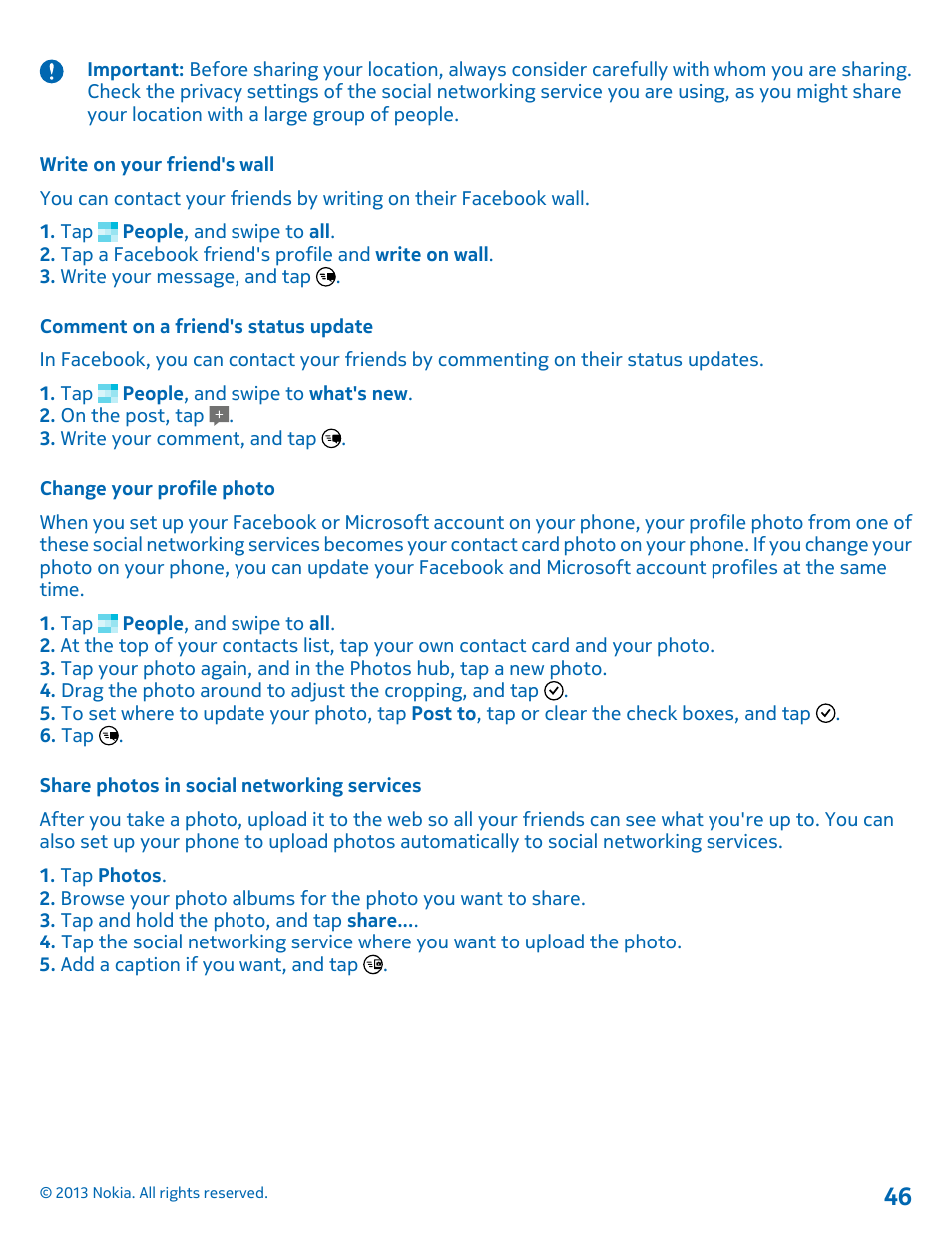 Write on your friend's wall, Comment on a friend's status update, Change your profile photo | Share photos in social networking services | Nokia Lumia 521 User Manual | Page 46 / 112
