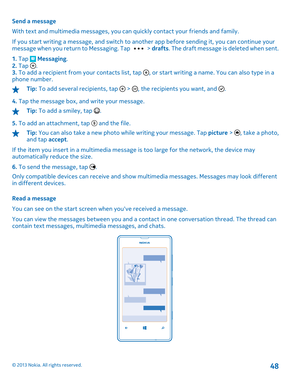 Send a message, Read a message | Nokia Lumia 521 User Manual | Page 48 / 112