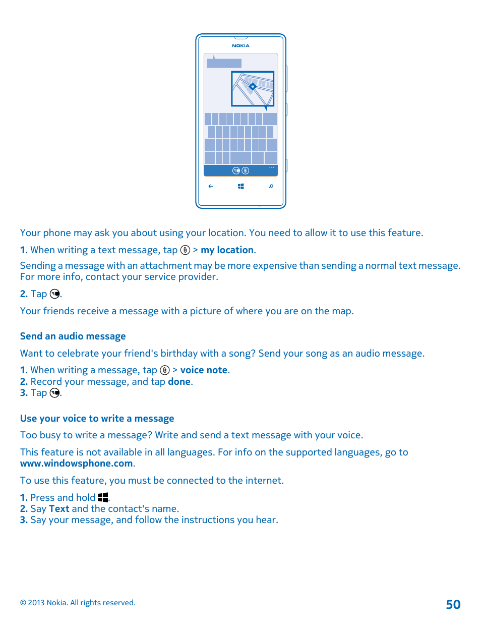 Send an audio message, Use your voice to write a message | Nokia Lumia 521 User Manual | Page 50 / 112