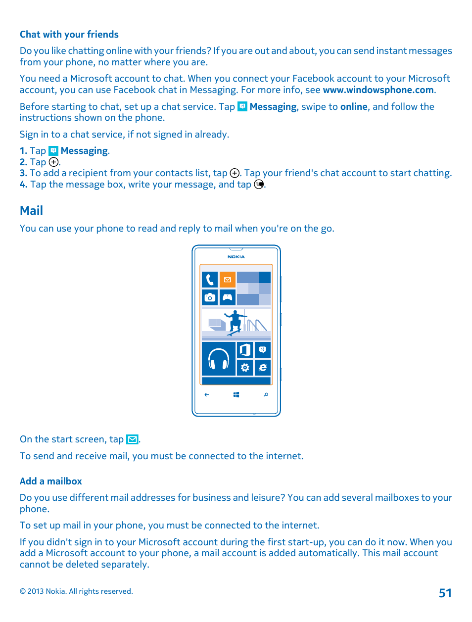 Chat with your friends, Mail, Add a mailbox | Nokia Lumia 521 User Manual | Page 51 / 112
