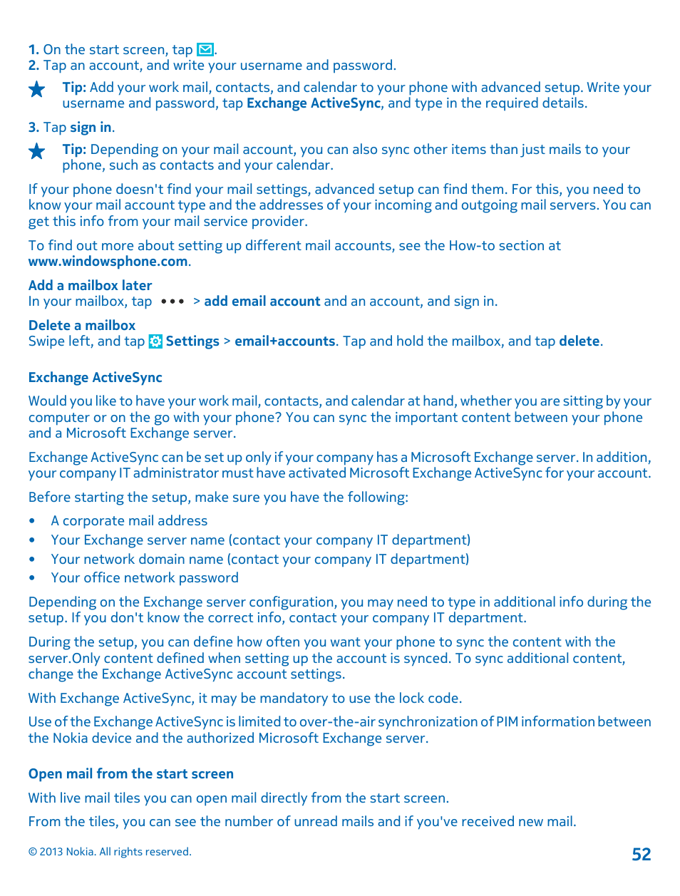 Exchange activesync, Open mail from the start screen | Nokia Lumia 521 User Manual | Page 52 / 112