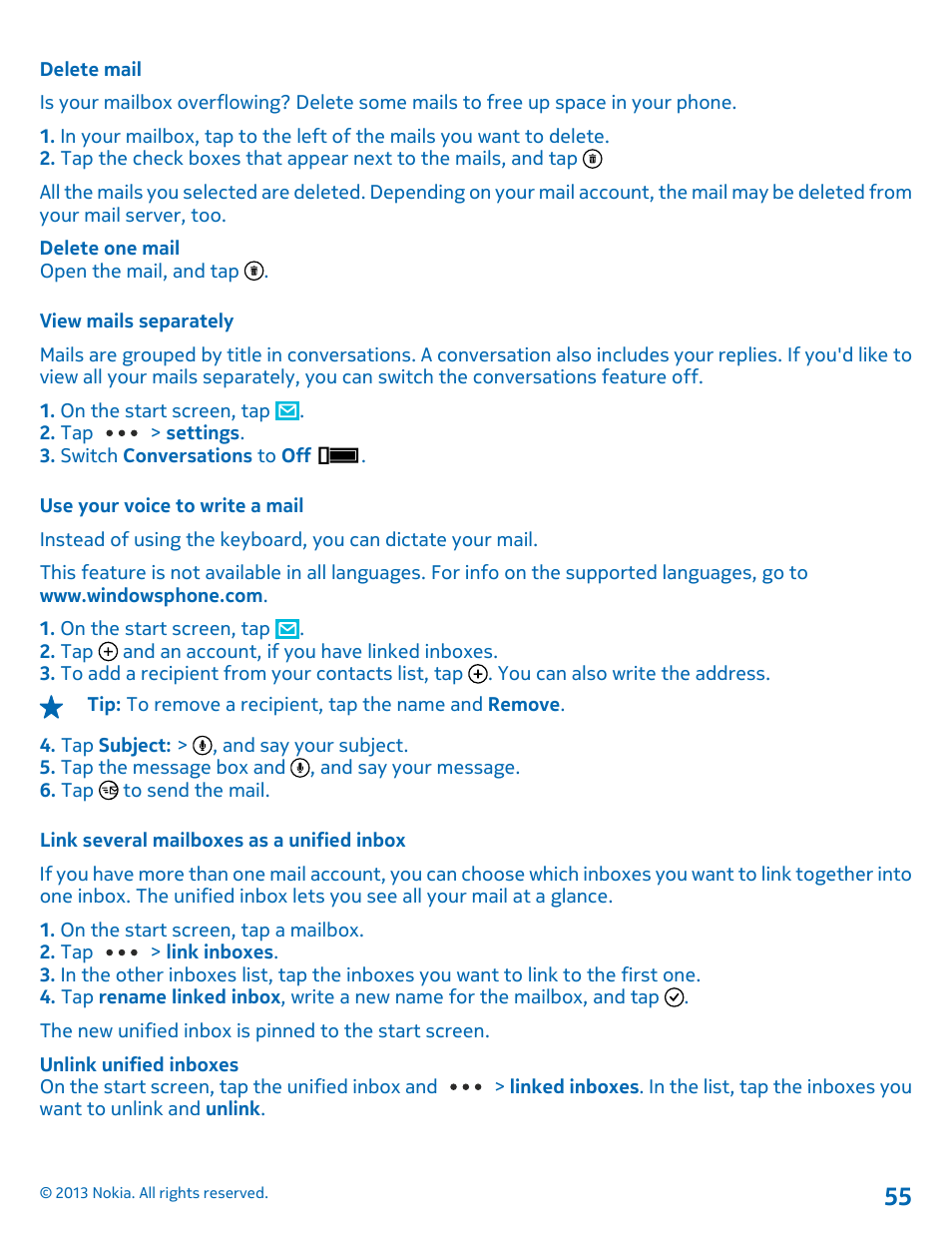 Delete mail, View mails separately, Use your voice to write a mail | Link several mailboxes as a unified inbox | Nokia Lumia 521 User Manual | Page 55 / 112