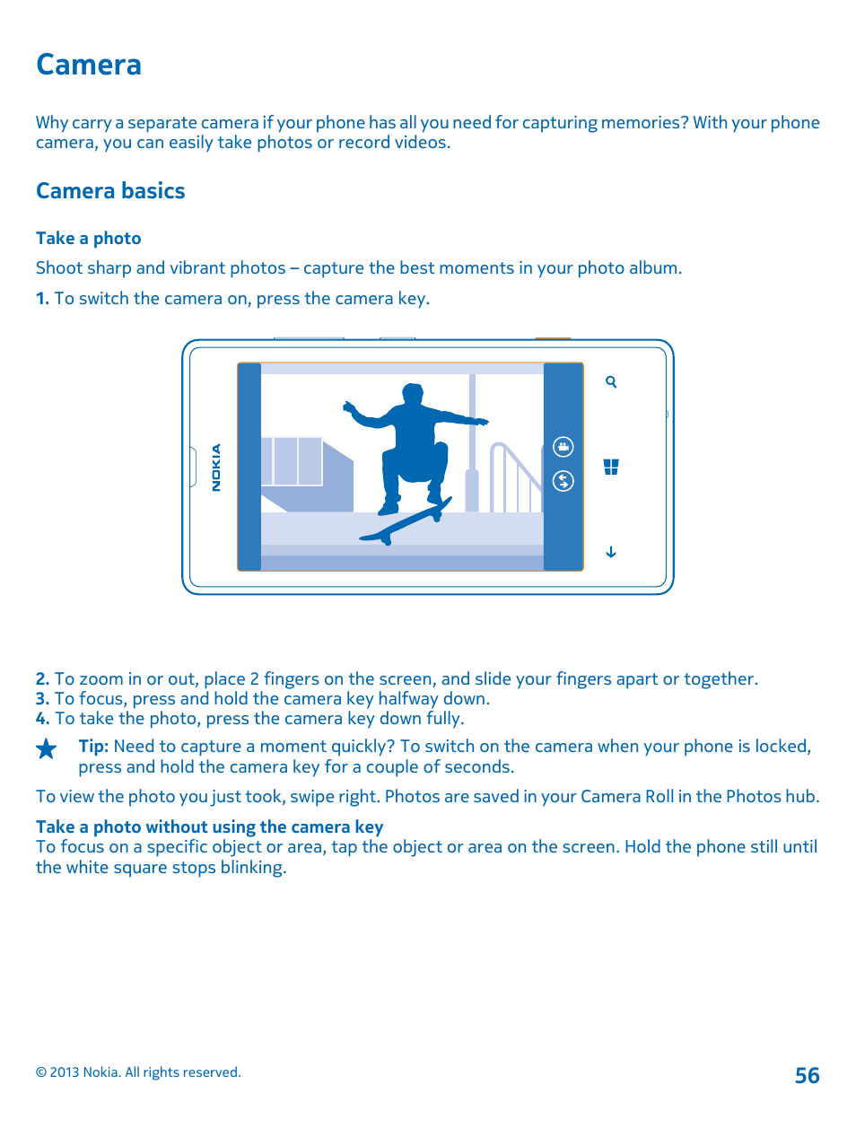 Camera, Camera basics, Take a photo | Nokia Lumia 521 User Manual | Page 56 / 112