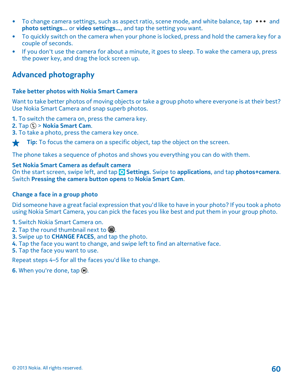 Advanced photography, Take better photos with nokia smart camera, Change a face in a group photo | Nokia Lumia 521 User Manual | Page 60 / 112