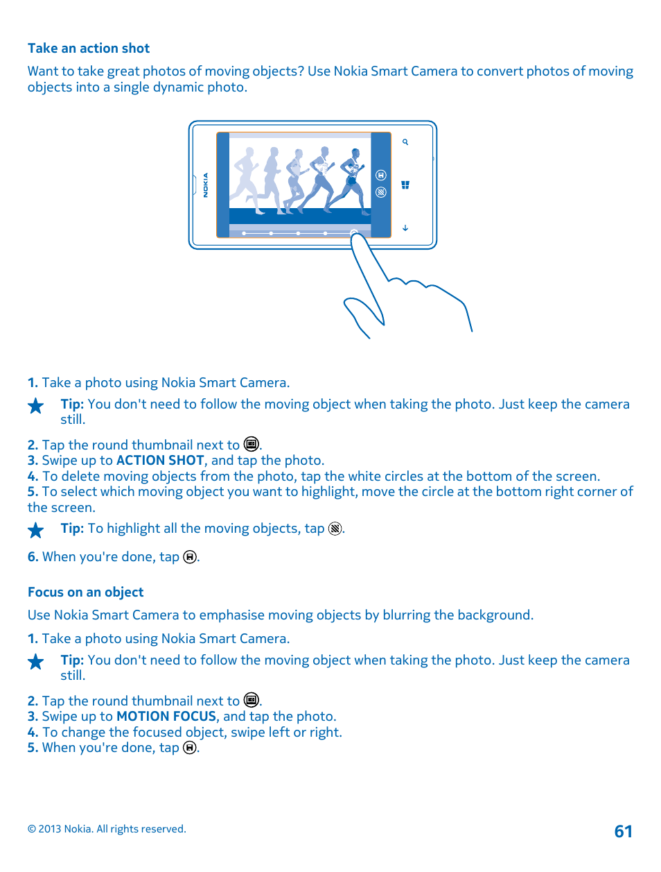 Take an action shot, Focus on an object | Nokia Lumia 521 User Manual | Page 61 / 112