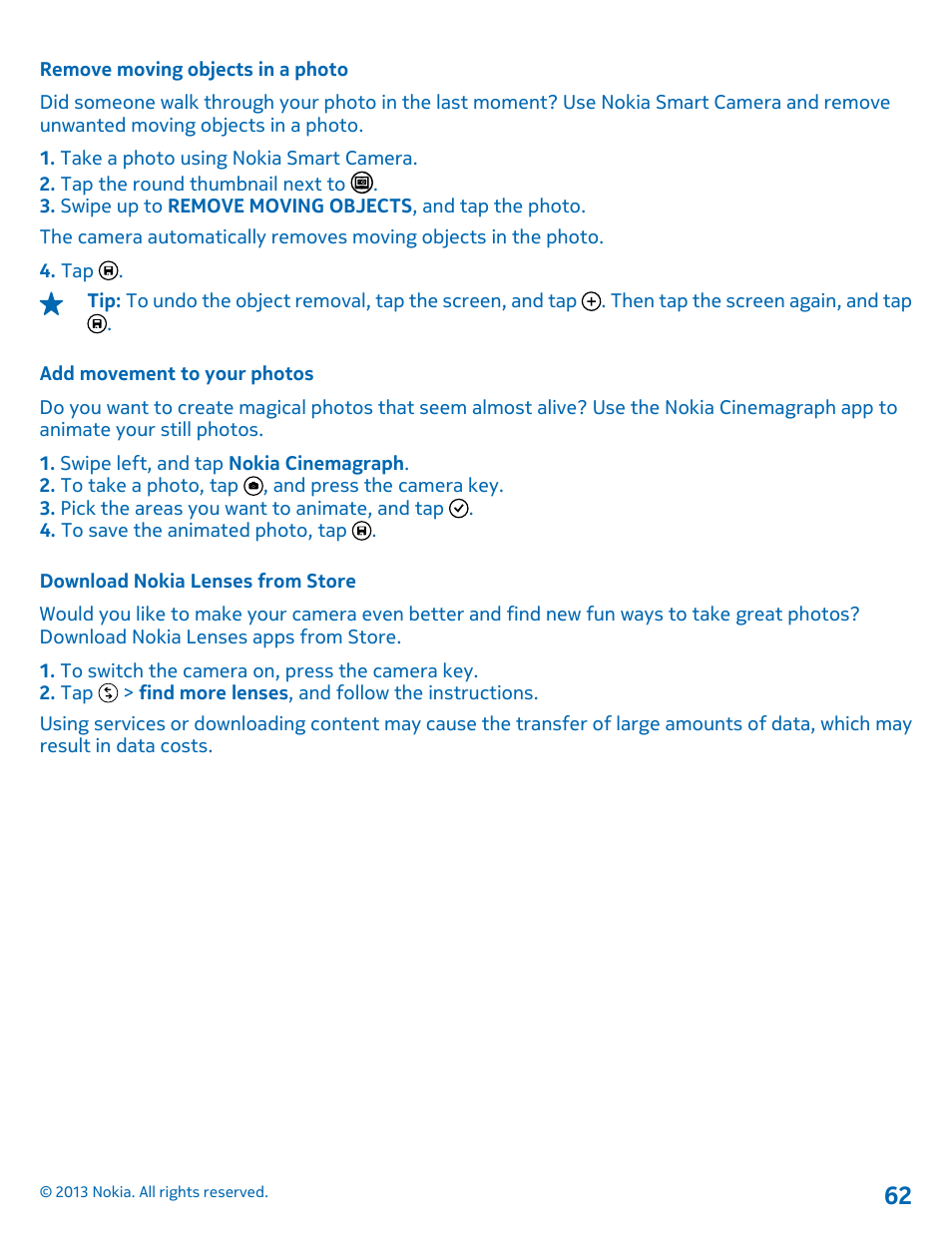 Remove moving objects in a photo, Add movement to your photos, Download nokia lenses from store | Nokia Lumia 521 User Manual | Page 62 / 112