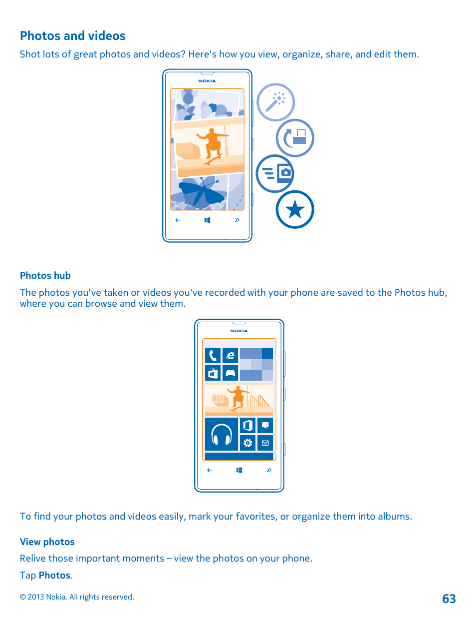 Photos and videos, Photos hub, View photos | Nokia Lumia 521 User Manual | Page 63 / 112