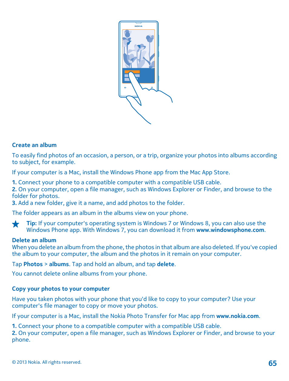 Create an album, Copy your photos to your computer | Nokia Lumia 521 User Manual | Page 65 / 112