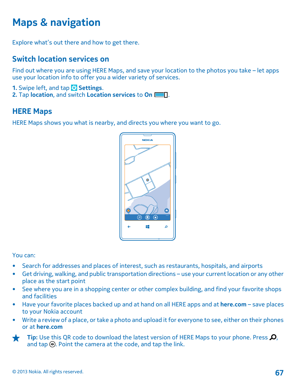 Maps & navigation, Switch location services on, Here maps | Nokia Lumia 521 User Manual | Page 67 / 112