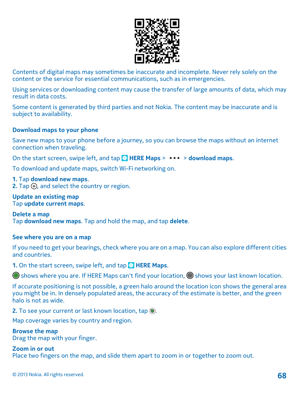 Download maps to your phone, See where you are on a map | Nokia Lumia 521 User Manual | Page 68 / 112