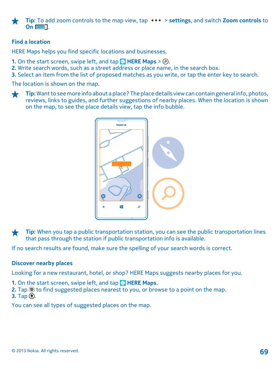 Find a location, Discover nearby places | Nokia Lumia 521 User Manual | Page 69 / 112