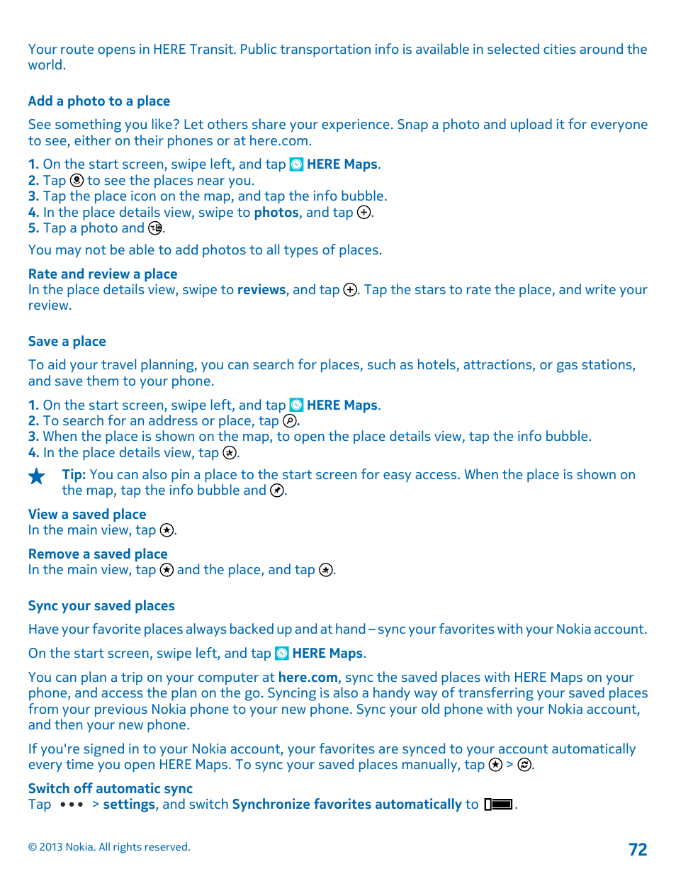 Add a photo to a place, Save a place, Sync your saved places | Nokia Lumia 521 User Manual | Page 72 / 112