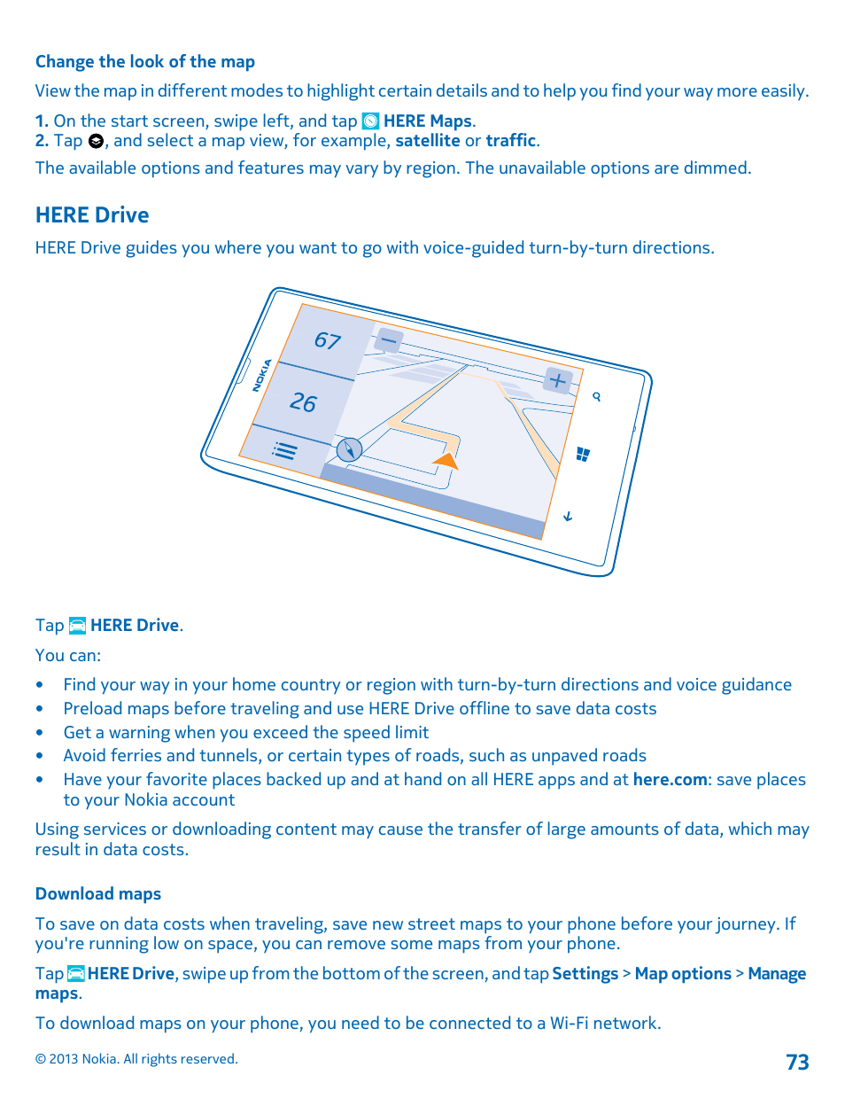 Change the look of the map, Here drive, Download maps | Nokia Lumia 521 User Manual | Page 73 / 112