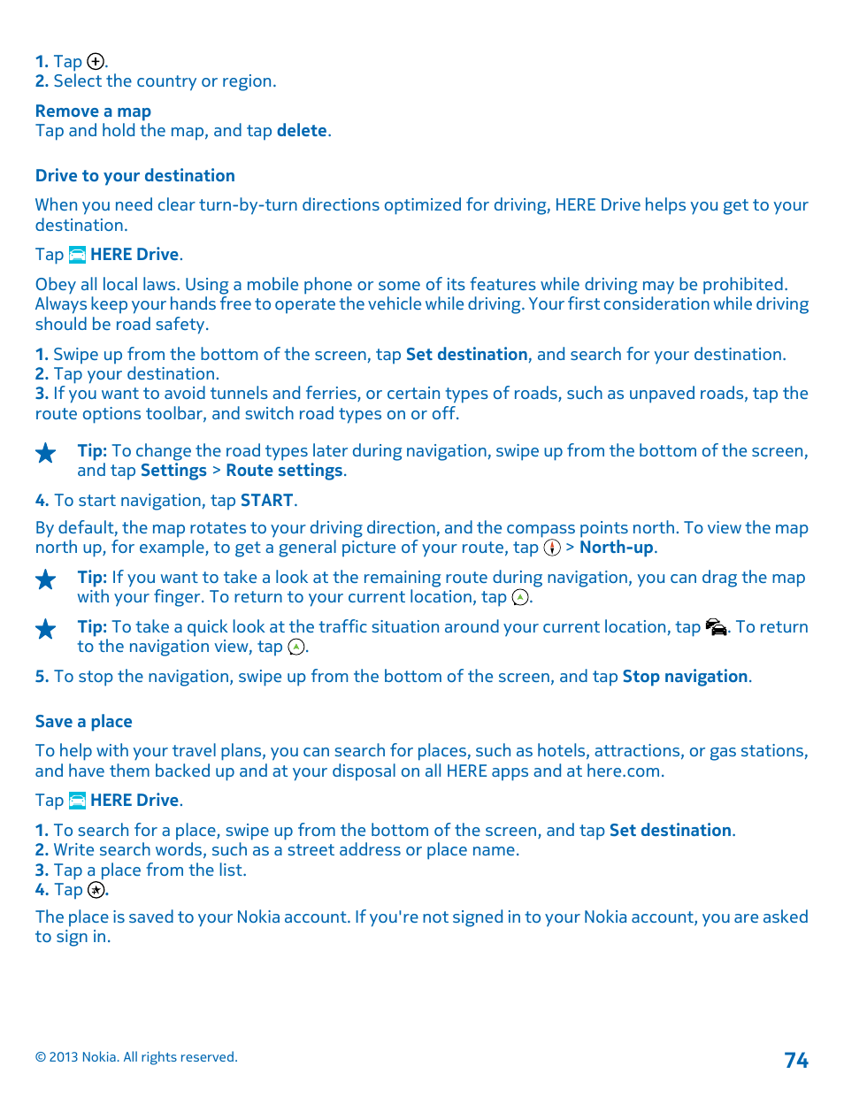 Drive to your destination, Save a place | Nokia Lumia 521 User Manual | Page 74 / 112