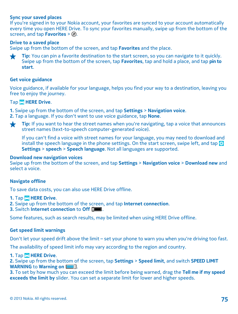 Get voice guidance, Navigate offline, Get speed limit warnings | Nokia Lumia 521 User Manual | Page 75 / 112