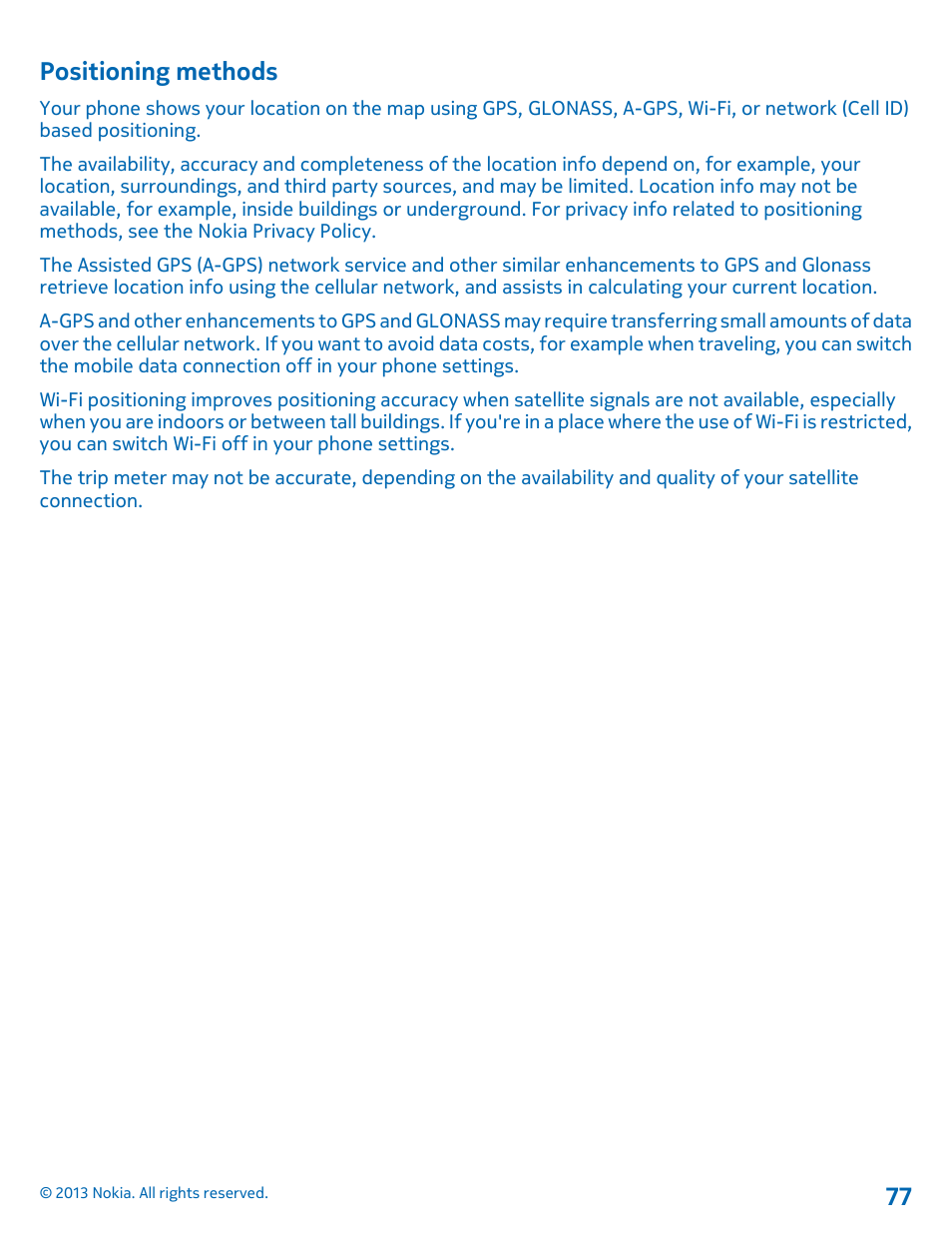 Positioning methods | Nokia Lumia 521 User Manual | Page 77 / 112