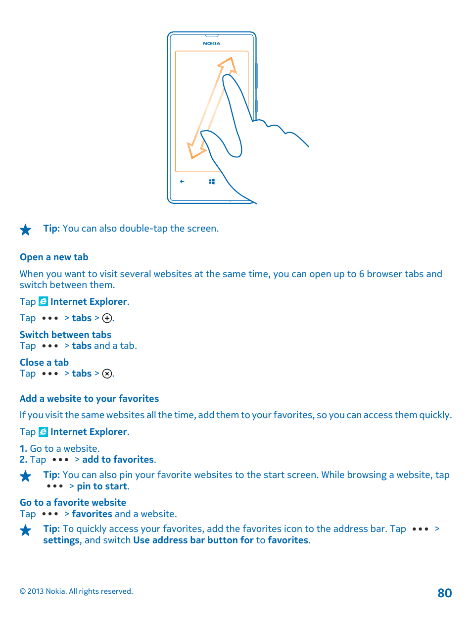 Open a new tab, Add a website to your favorites | Nokia Lumia 521 User Manual | Page 80 / 112