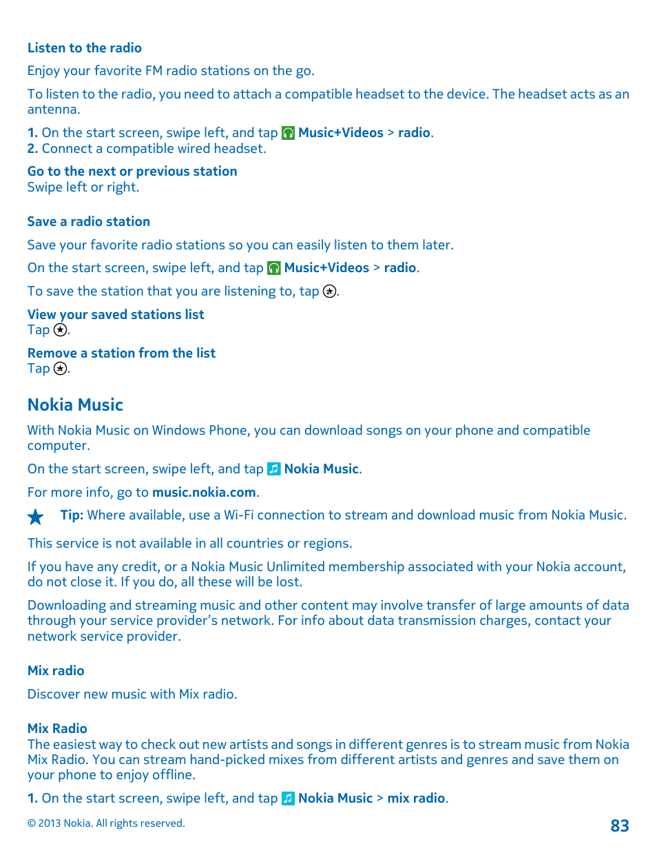 Listen to the radio, Save a radio station, Nokia music | Mix radio | Nokia Lumia 521 User Manual | Page 83 / 112